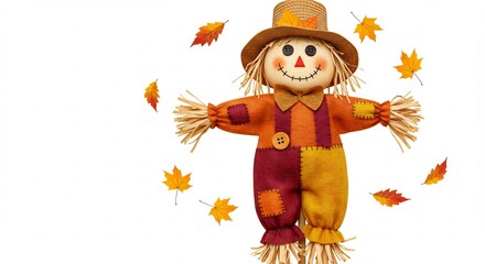 Joyful scarecrow playfully dances amidst swirling autumn leaves under soft light. AI Generated