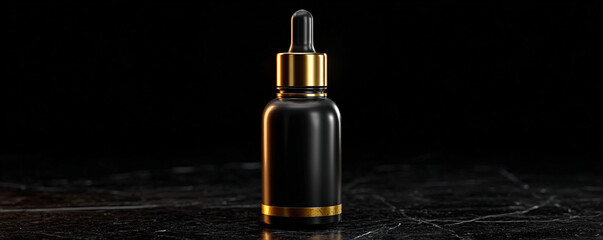 Naklejka premium Sleek black serum bottle with gold dropper cap stands elegantly dark marble surface, showcasing modern and luxurious design. high fidelity of image highlights bottle smooth texture and refined