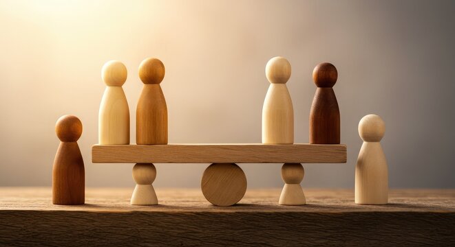 Wooden figures on a balanced scale symbolize fairness, equality, and diverse perspectives in a conceptual business or social context