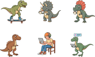 Funny cartoon dinosaurs doing modern activities like skateboarding, using a tablet, drinking coffee, and chatting online, perfect for educational and children’s content