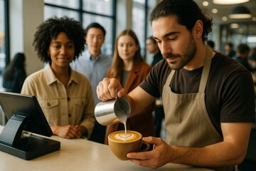 Barista creating latte art for customers in modern coffee shop with natural light and urban background, showcasing hospitality concept. Ai generative