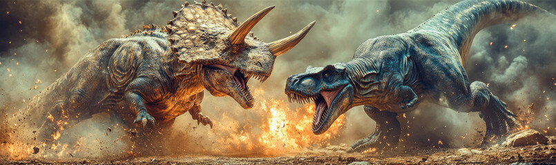 Obraz premium Epic dinosaur battle scene with a Triceratops and Tyrannosaurus fighting in a misty jungle.