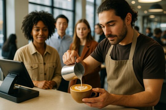 Barista creating latte art for customers in modern coffee shop with natural light and urban background, showcasing hospitality concept. Ai generative