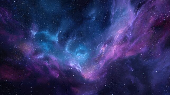 Deep space nebula swirls in vibrant hues of purple, blue, and pink