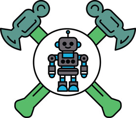 A robot is standing in the middle of a cross