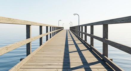Long wooden pier extends to a hazy horizon bathed in soft morning light. AI Generated