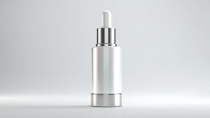 Sleek, modern serum bottle with dropper, featuring minimalist design and shiny silver cap. bottle is empty, showcasing its elegant shape against soft, neutral background