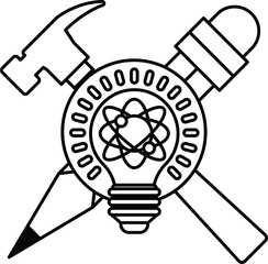 A hammer, a pencil, and a light bulb are all drawn together in a black