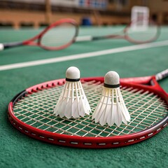 Red Badminton Racket with Shuttlecocks on Green Court