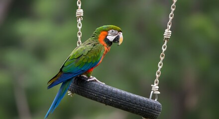 Fototapeta premium Vibrant parrot playfully perched on tire swing bathed in soft sunlight. AI Generated