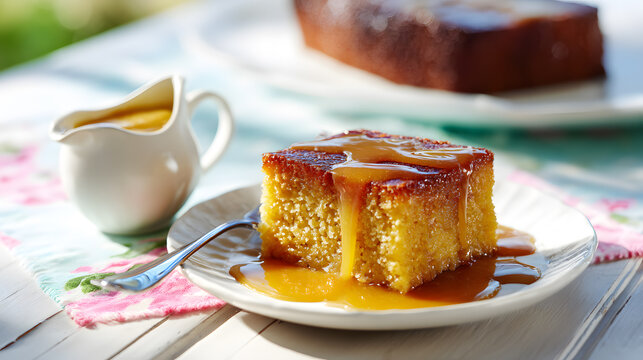 South African Malva pudding slice with caramel sauce traditional dessert