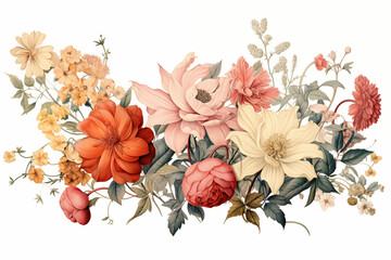 Obraz premium Vintage illustration of a collage of isolated flowers on white.