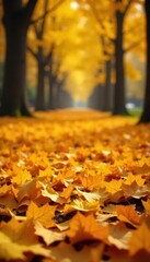 Golden autumn leaves blanket the ground, vibrant yellow hues , woodland, forest