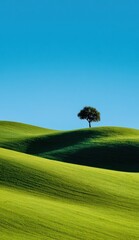 Solitary tree atop rolling green hills under a vibrant blue sky (4)