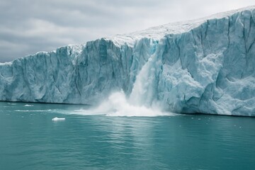 Fototapeta premium Majestic iceberg calving with ice crashing into turquoise ocean water under cloudy sky, symbolizing climate change and melting glaciers concept. Ai generative