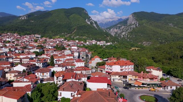 Aerial Drone Shot Of Litochoro Town With Majestic Mount Olympus In Pieria, Greece At Early Morning.