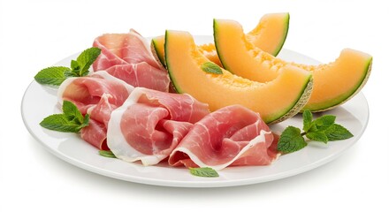 Delicious prosciutto and cantaloupe slices artfully arranged on a plate bathed in bright studio light.. AI Generated
