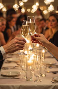 Hand holding glass of champagne, people cheering, friends, party nightclub, wedding, cheering, family, sparkling wine, luxury, 4K, vertical video, social media, 9:16, insta story