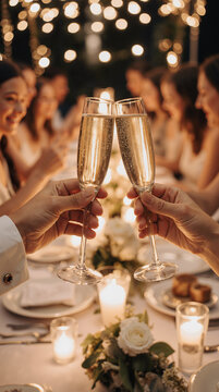 Hand holding glass of champagne, people cheering, friends, party nightclub, wedding, cheering, family, sparkling wine, luxury, 4K, vertical video, social media, 9:16, insta story