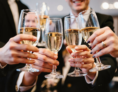 Hand holding glass of champagne, people cheering, friends, party nightclub, wedding, cheering, family, sparkling wine, luxury, 4K, vertical video, social media, 9:16, insta story