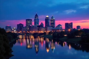 Obraz premium Evansville skyline at twilight, blue hour hues, photo, shadows