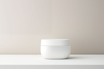 White cosmetic bottles on a minimalist shelf