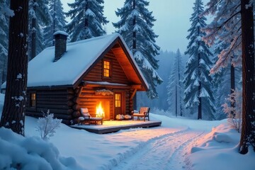 A quiet, snow-covered cabin nestled in the woods, perfect for a peaceful reserved holiday escape Cozy fireplace, untouched landscape, winter wonderland , winter wonderland, frozen, december