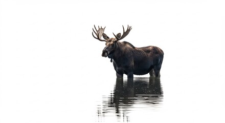 Majestic bull moose stands calmly in tranquil shallow water reflecting soft light. AI Generated