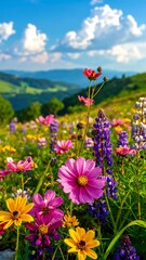Obraz premium Vibrant wildflowers in a meadow, bursting with pinks, purples, yellows, and reds, set against a backdrop of rolling hills under a vibrant sky.