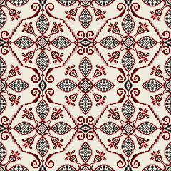 Seamless pattern of pixel art design of abstract flower in curve polygon frame on ivory background for textile, tile, carpet