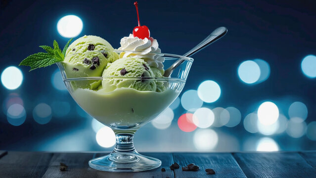 Mint Green Ice Cream Sundae with Cherry on Dark Wood Table