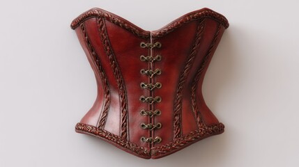 Fototapeta premium Burgundy leather corset with braided trim and bronze lacing eyelets