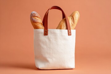 Stylish Linen Tote Bag with Fresh Baguettes on Peach Background, Studio Shot, Minimalist, Sustainable Lifestyle, Warm Tones