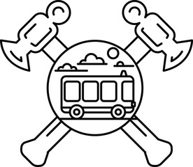 A black and white drawing of a bus with a hammer and an ax on either side