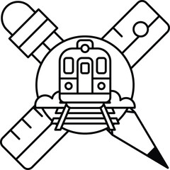 A train is drawn in the center of a cross