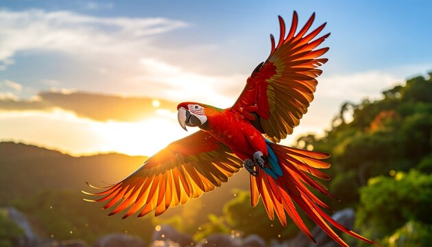 Scarlet Macaw Sunset Flight.