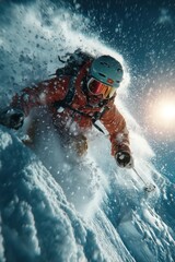 Dynamic skier navigating through snowy terrain in an adrenaline-filled moment