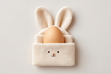 Linen Napkin Folded into Bunny with Egg, Neutral Background, Top-Down Still Life, Delicate, Cute, Warm Tones