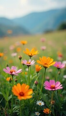 Obraz premium Close-up of blooming wildflowers in meadow, vibrant colors, landscape, sunshine