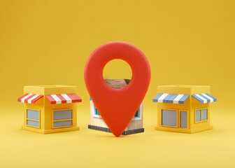 Competing stores and geolocation sign. High human traffic commercial locations, advertising and targeting. Business location and digital maps influence customer traffic and sales.