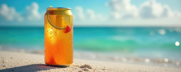 A refreshing summer beverage in a brightly colored aluminum can, condensation glistening on the cold metal Perfect for a hot day at the beach, park, or poolside , energy, refreshing, drink