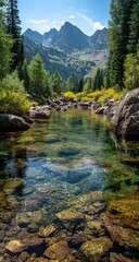 Fototapeta premium Clear stream flowing through a forest towards majestic mountains under a blue sky