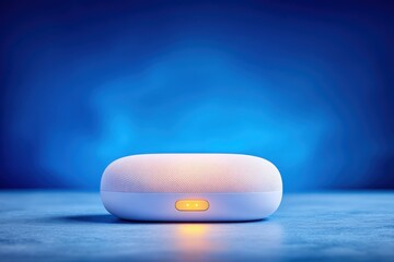 Sleek White Mesh WiFi Router Node with Orange Status Light on Blue Background, Modern Minimalist Style, Clean Composition