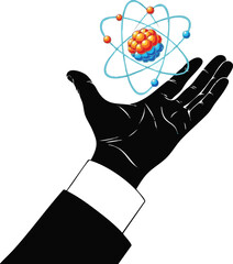  Business man hand showing symbol of an atom nucleus with electrons illustration vector Art silhouette on white background