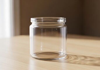 Transparent empty glass jar standing on a wooden surface indoors