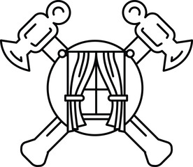 A black and white drawing of a hammer and an axe with a curtain in the middle