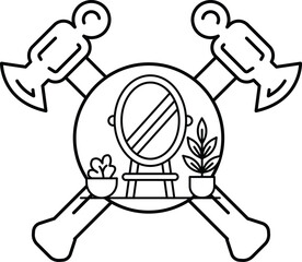 A black and white drawing of a hammer and an anvil with a mirror in the middle