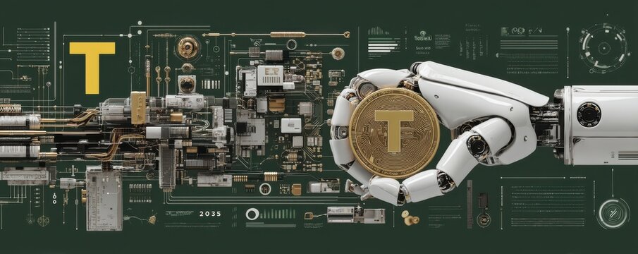 Robotic hand holding technological token amidst futuristic circuitry design