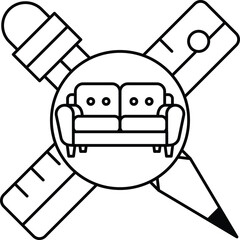 A couch is shown in the center of a cross with a pencil and ruler