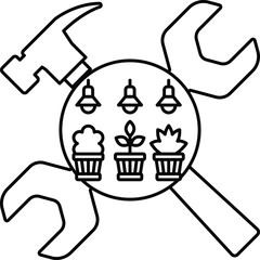 A black and white drawing of a hammer, wrench, and light fixture